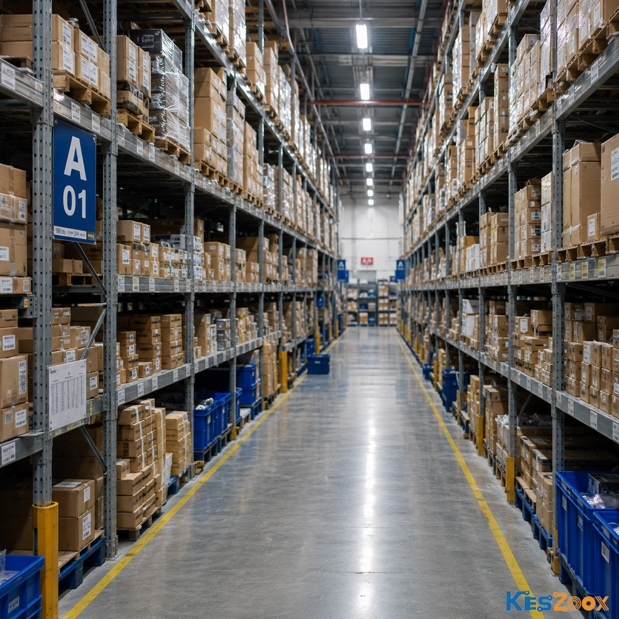 Keszoox electronic components warehouse — large-scale storage facility aisle A01 with high-density shelving, thousands of component boxes in stock — 10M+ SKUs ready for same-day dispatch worldwide