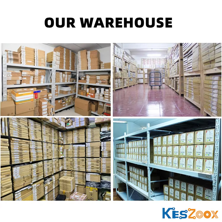 Keszoox IC chip warehouse — four-view large-scale storage facility with dense shelving, IC trays stacked in bulk, long aisle with trolley cart, organized labeled shelves — deep stock of IC chips and semiconductor components ready for immediate dispatch worldwide