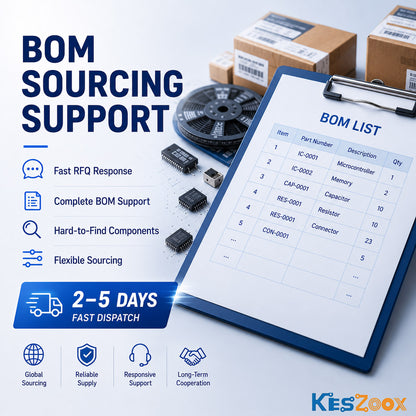 Keszoox BOM sourcing support service — BOM list with part numbers IC-0001 microcontroller, IC-0002 memory, CAP-0001 capacitor, RES-0001 resistor, CON-0001 connector — fast RFQ response, complete BOM support, hard-to-find components, flexible sourcing — 2-5 days fast dispatch, global sourcing, reliable supply, long-term cooperation