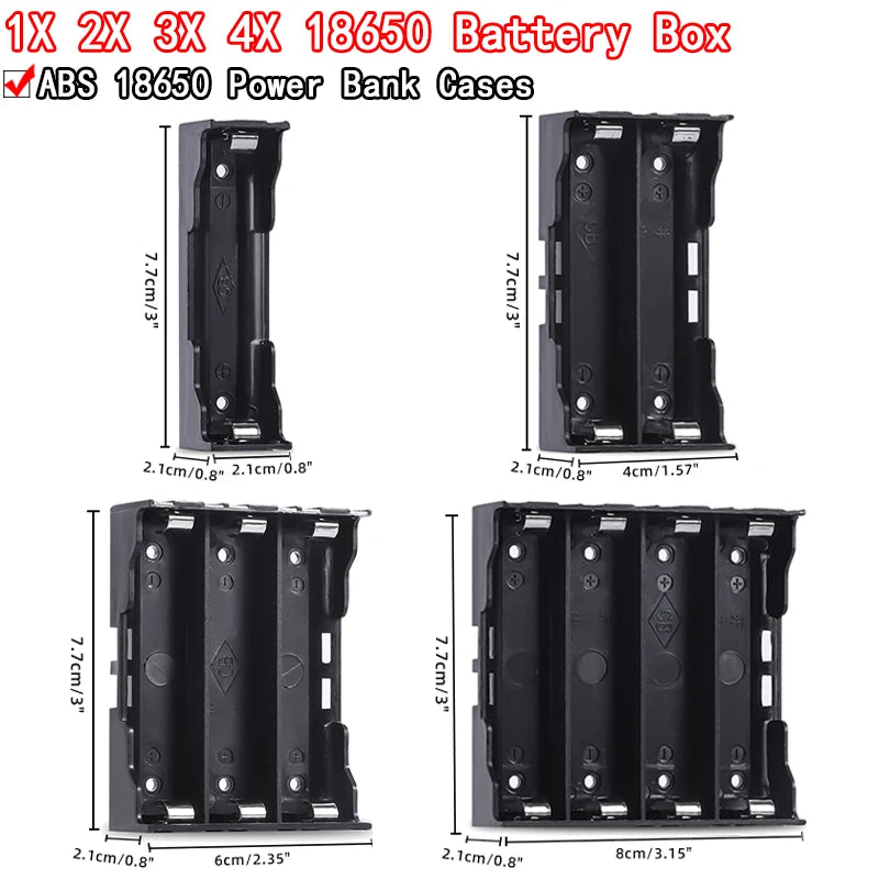 ABS 18650 battery storage box with hard pin slots for 1 to 4 cells, secure battery holder for DIY power banks and electronics projects