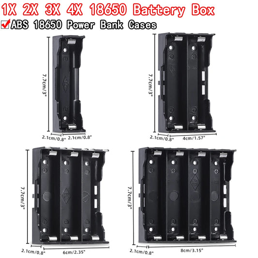 ABS 18650 battery storage box with hard pin slots for 1 to 4 cells, secure battery holder for DIY power banks and electronics projects