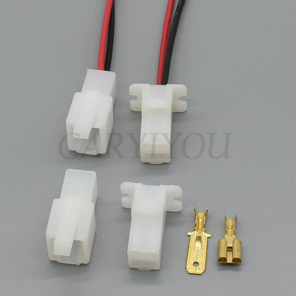 Close-up of terminals for 2 pin white ABS female and male wiring socket connector