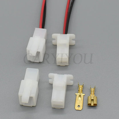 Close-up of terminals for 2 pin white ABS female and male wiring socket connector