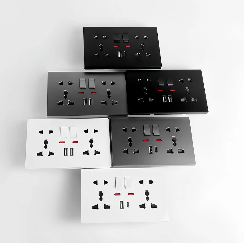 AC 110-250V universal wall outlet 2 gang with switch and USB-C USB charging ports
