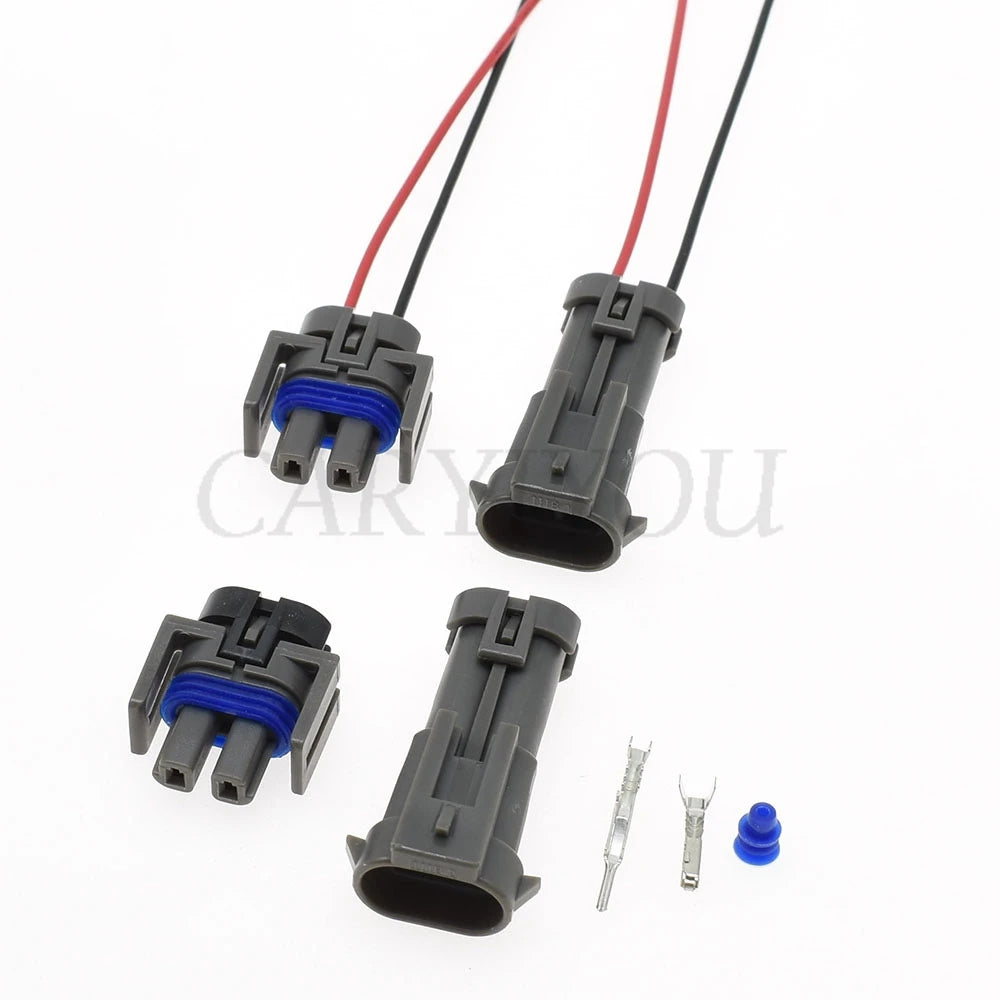 Close-up of terminals on automotive AC compressor 2 pin wire harness connector for secure electrical connection