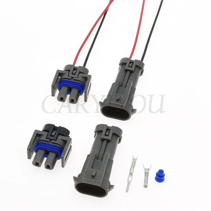 Close-up of terminals on automotive AC compressor 2 pin wire harness connector for secure electrical connection