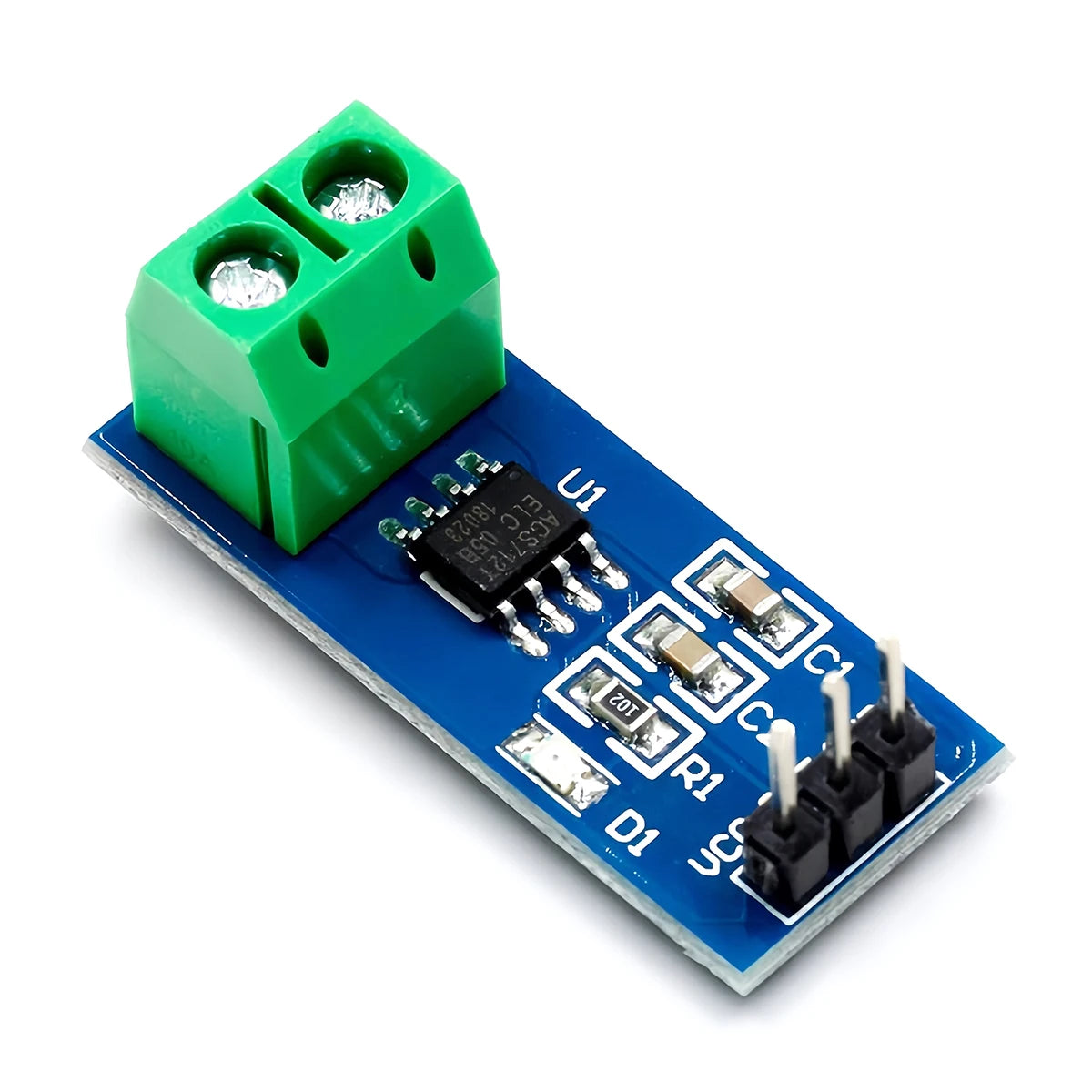 ACS712 hall current sensor module, measures 5A/20A/30A with power indicator, compatible with Arduino for DIY electronics projects