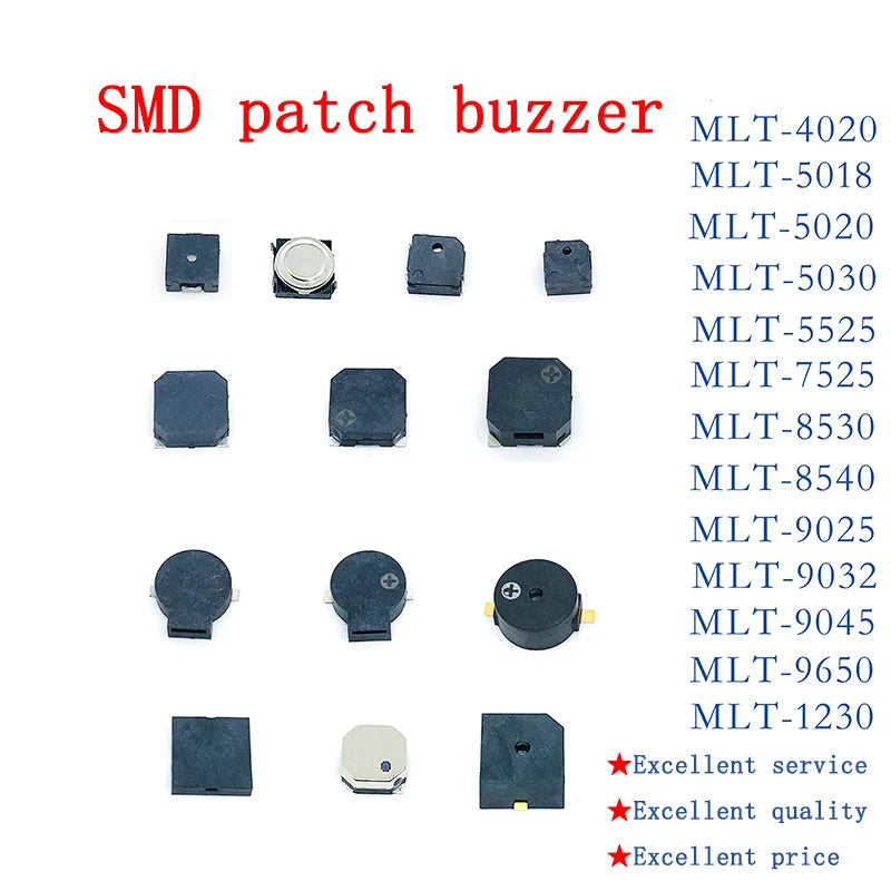 Active and passive electromagnetic patch buzzer MLT series including MLT-4020, MLT-5018, MLT-5020, MLT-5030, 5525, 7525, 8530, 8540, 9025, 9032, 9045, and MLT9650 for electronic projects