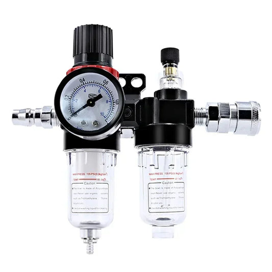 Close-up of AFC2000 air compressor filter regulator trap with oil water separator and pressure reducing valve for airbrush systems