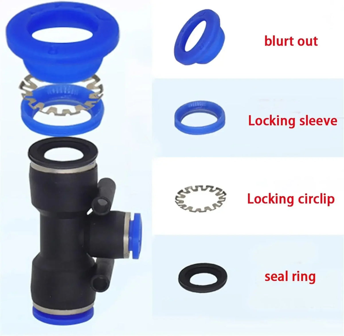 PE/PEG plastic push-in tee connector, pneumatic fitting for fluid system hoses in air compressor applications