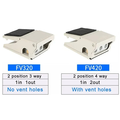 Lockable pneumatic foot pedal valve switch used for controlling air in industrial machinery, models FV320, FV420, 4F210-08GL