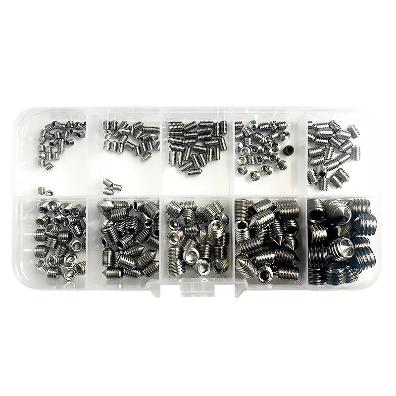Stainless steel Allen head socket grub screw assortment M3 M4 M5 M6 M8 in organized plastic storage box