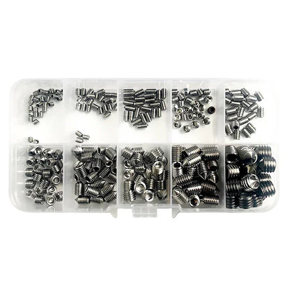 Stainless steel Allen head socket grub screw assortment M3 M4 M5 M6 M8 in organized plastic storage box