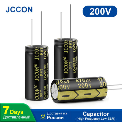 200V 470uF aluminum electrolytic capacitor with low ESR and high frequency performance for electronic circuits