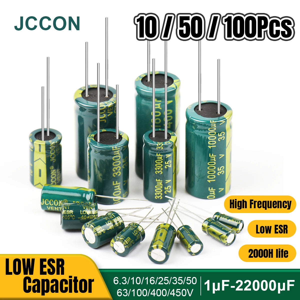 Aluminum electrolytic capacitor 6.3V to 450V high frequency low ESR for power supply and DIY projects