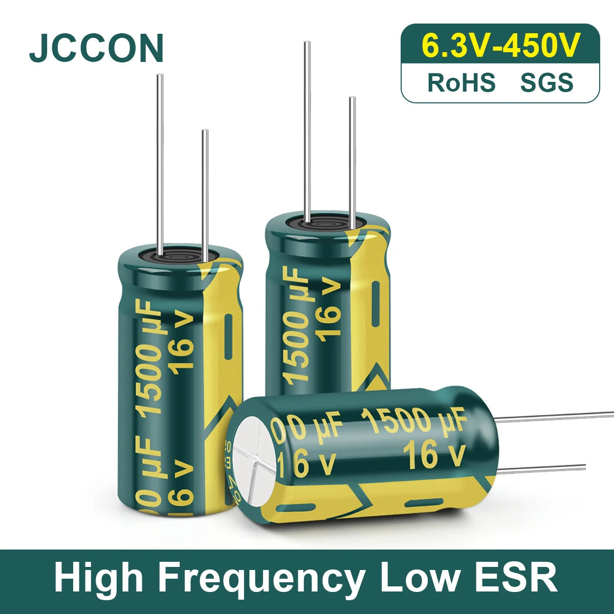High frequency low ESR aluminum electrolytic capacitors with voltage range 6.3V to 450V and capacitance 100uF to 1000uF for electronic circuits