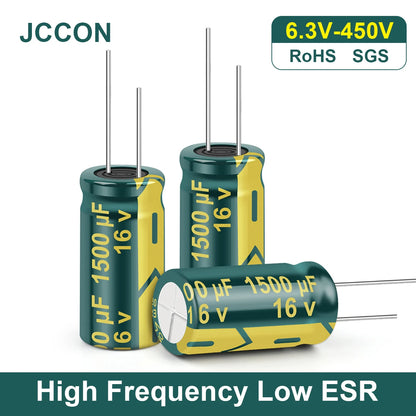 High frequency low ESR aluminum electrolytic capacitors with voltage range 6.3V to 450V and capacitance 100uF to 1000uF for electronic circuits