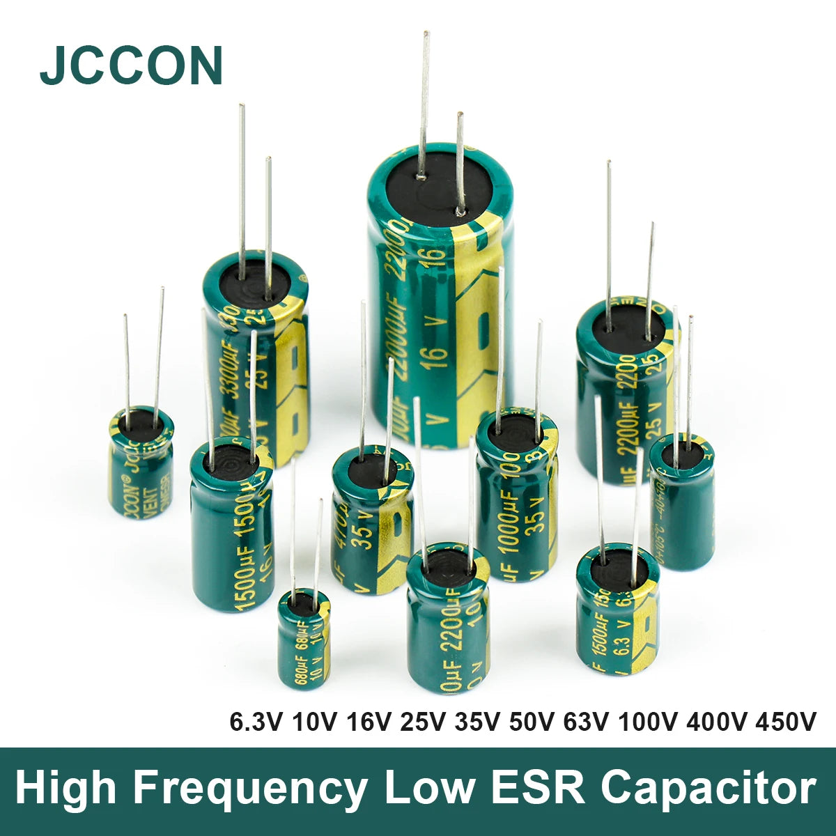 High frequency low ESR aluminum electrolytic capacitor with 6.3V–450V voltage and 100uF–470uF capacitance for audio and power supply circuits