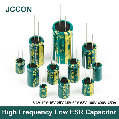 High frequency low ESR aluminum electrolytic capacitor with 6.3V–450V voltage and 100uF–470uF capacitance for audio and power supply circuits