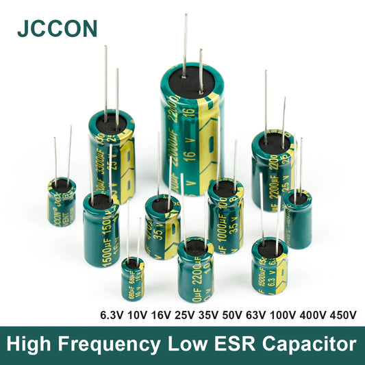 High frequency low ESR aluminum electrolytic capacitor with 6.3V–450V voltage and 100uF–470uF capacitance for audio and power supply circuits