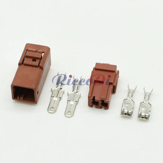 Close-up of terminals on AMP TYCO 2 pin automotive wire harness connector for durable electrical connections