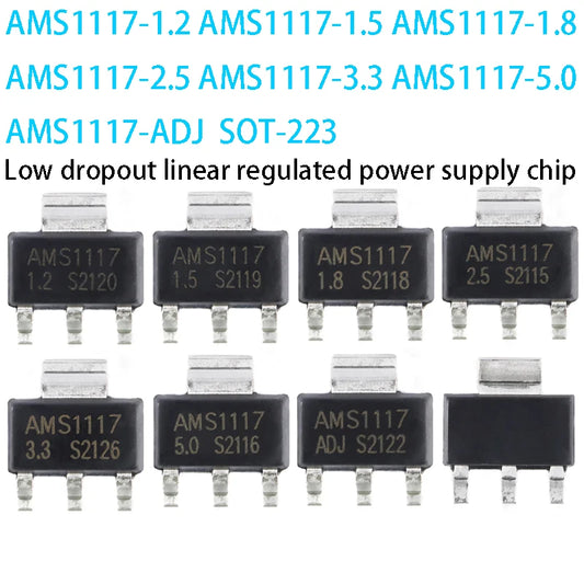 AMS1117 series SOT-223 step-down voltage regulator, including 1.2V, 1.5V, 1.8V, 2.5V, 3.3V, 5.0V, and adjustable versions, suitable for electronics circuits and DIY projects