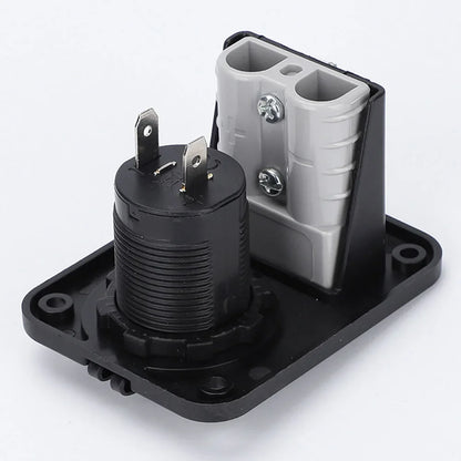 Anderson plug connector flush mount plate showing 50A 600V rating and 12–6AWG cable compatibility