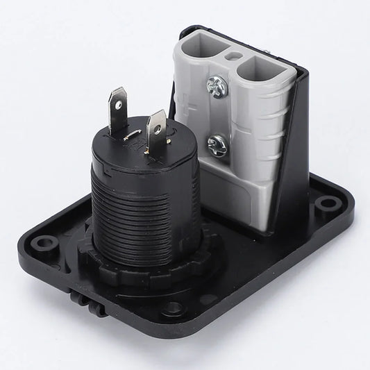 Anderson plug connector flush mount plate showing 50A 600V rating and 12–6AWG cable compatibility