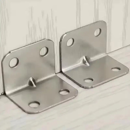 Close-up of 90-degree angle plate bracket, suitable for furniture, shelf, and cabinet assembly