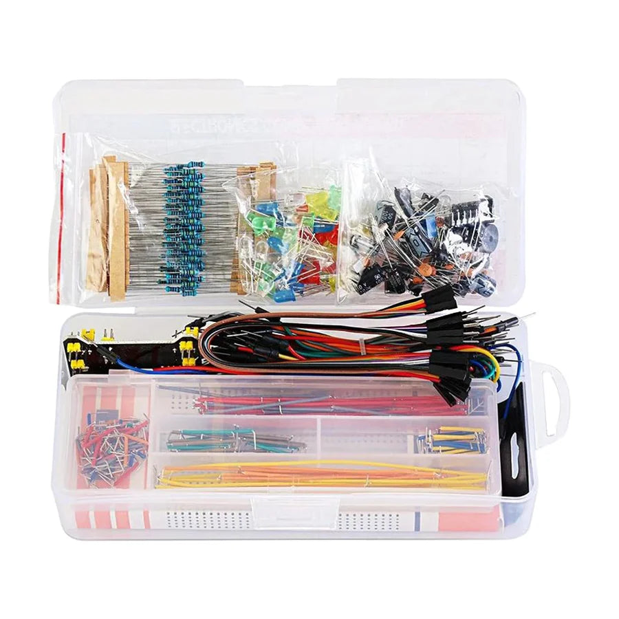 Electronics starter kit compatible with Arduino UNO, includes breadboard and storage box for DIY projects and prototyping