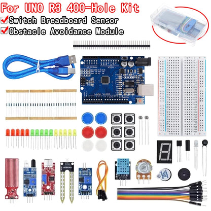 Arduino Uno R3 basic starter kit with breadboard and retail box for DIY electronics, prototyping, and learning projects