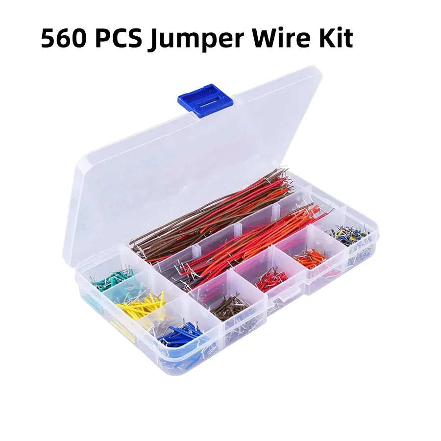 Assorted preformed breadboard jumper wires in multiple lengths, comes with storage box, ideal for DIY electronics and prototyping
