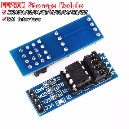 AT24C series I²C EEPROM memory module, compatible with AT24C01 to AT24C256, ideal for Arduino, microcontroller, and DIY electronics projects