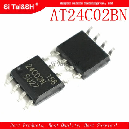 AT24C02 EEPROM memory IC in SOP-8 package, 2.7V, compatible with 24C02 / 24C02N / AT24C02BN for electronics and DIY projects