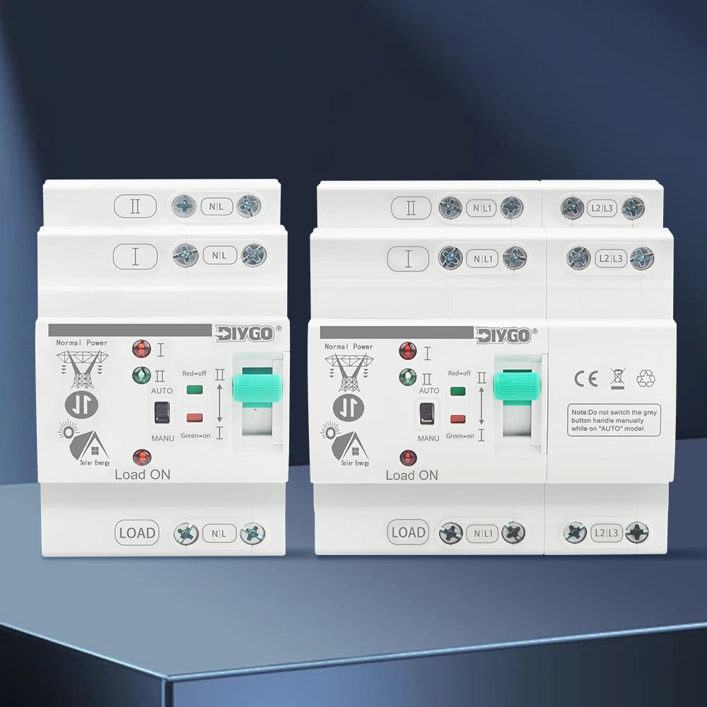 Close-up of DIN Rail 80A ATS automatic transfer switch, dual power selector for PV/solar systems, 110V/220V