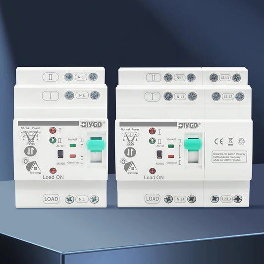 Close-up of DIN Rail 80A ATS automatic transfer switch, dual power selector for PV/solar systems, 110V/220V