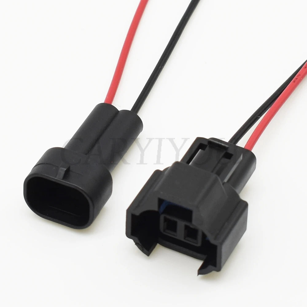 Detailed view of 2-pin female automotive connector socket highlighting waterproof sealing and pin alignment