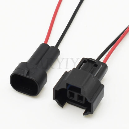 Detailed view of 2-pin female automotive connector socket highlighting waterproof sealing and pin alignment