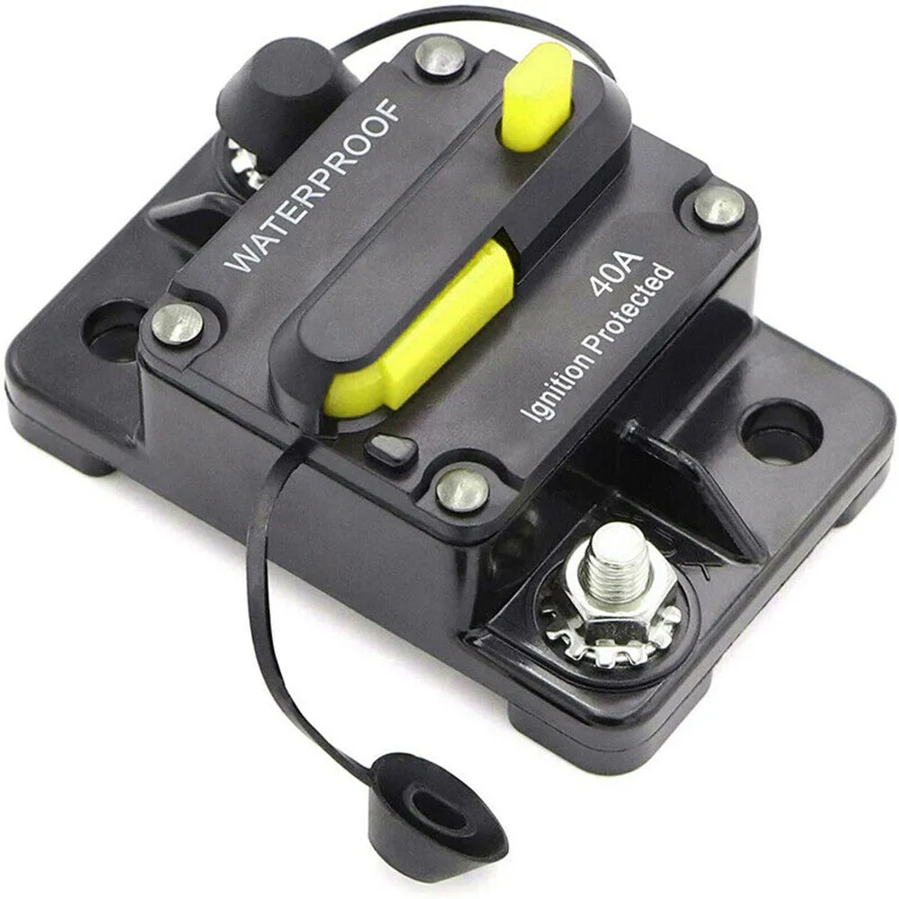 Circuit breaker structure showing reset switch for auto and boat electrical systems, 30–300A