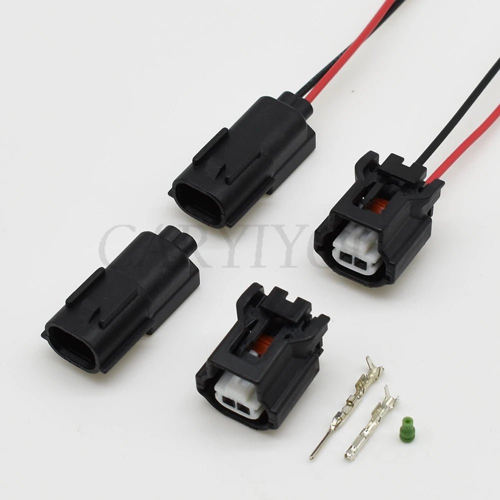 Close-up of 2 pin male and female connector terminals for reliable car wiring and waterproof protection