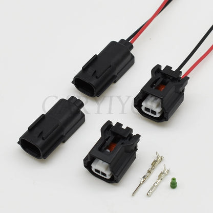 Close-up of 2 pin male and female connector terminals for reliable car wiring and waterproof protection