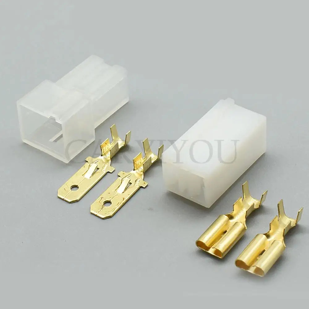Close-up of terminals on 2 pin 6.3mm automotive connector for secure electrical connection in car harness