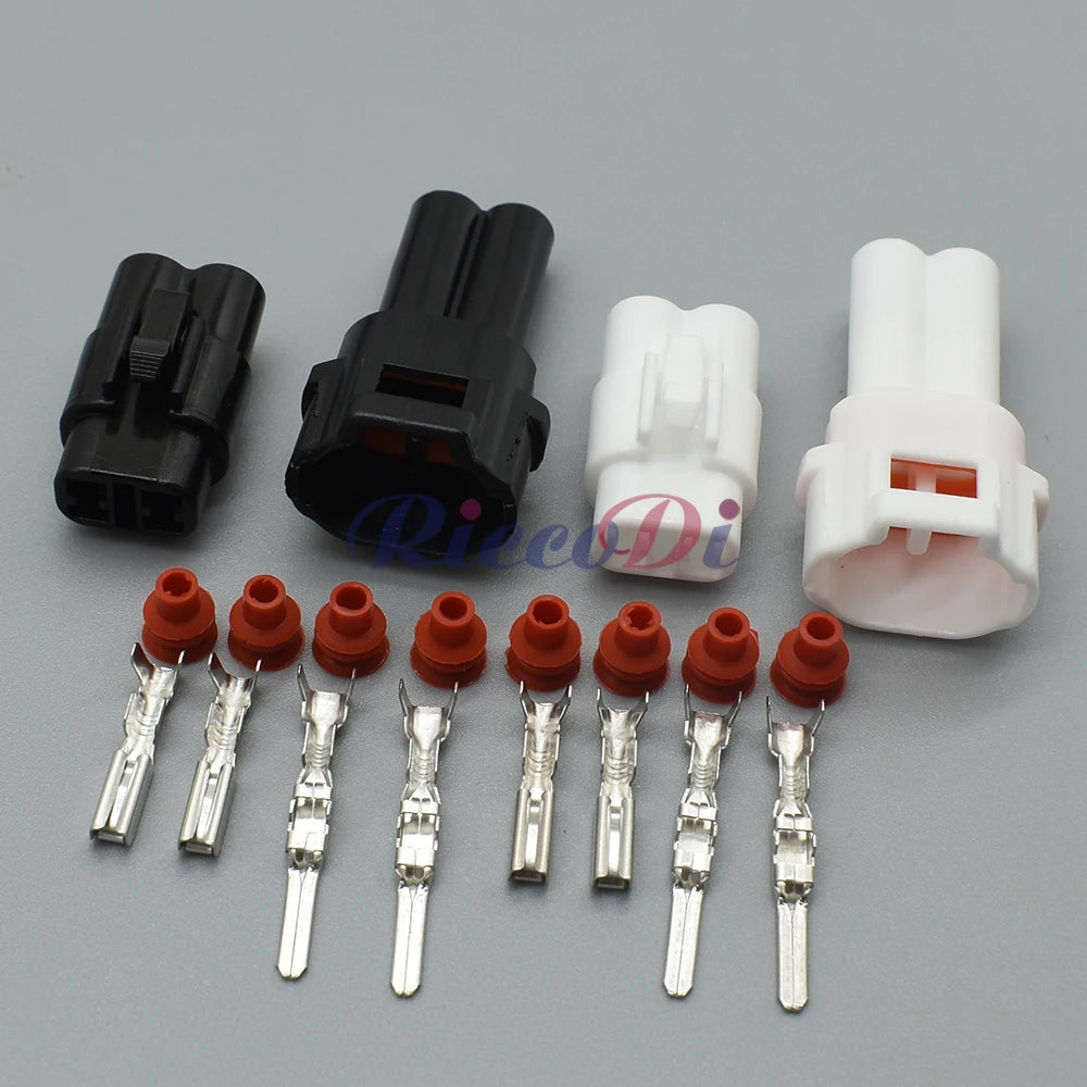 detailed view of 2 pin waterproof automotive connector plug showing male and female housing for Honda applications
