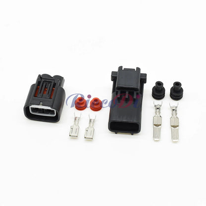Close-up of 2 pin terminals on automotive waterproof connector for secure and stable connection