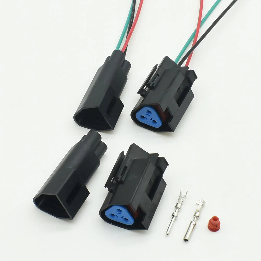 Detailed view of plastic housing and wiring for auto waterproof connector 7-1437710-9 3-1437712-1 used in Ford triangle wire harness systems