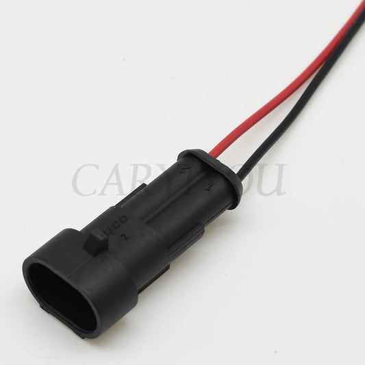 Side view of 2 pin automotive male female connector plug showing durable sealed design