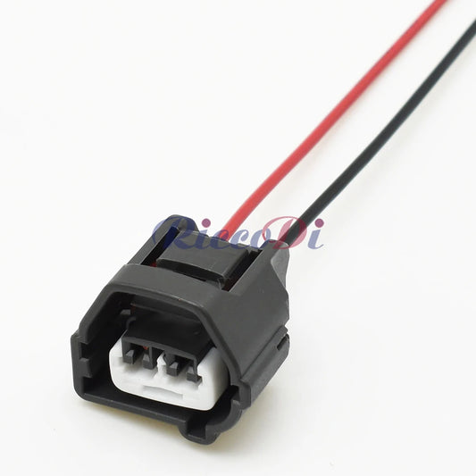 Automotive waterproof female connector socket front view with wire harness