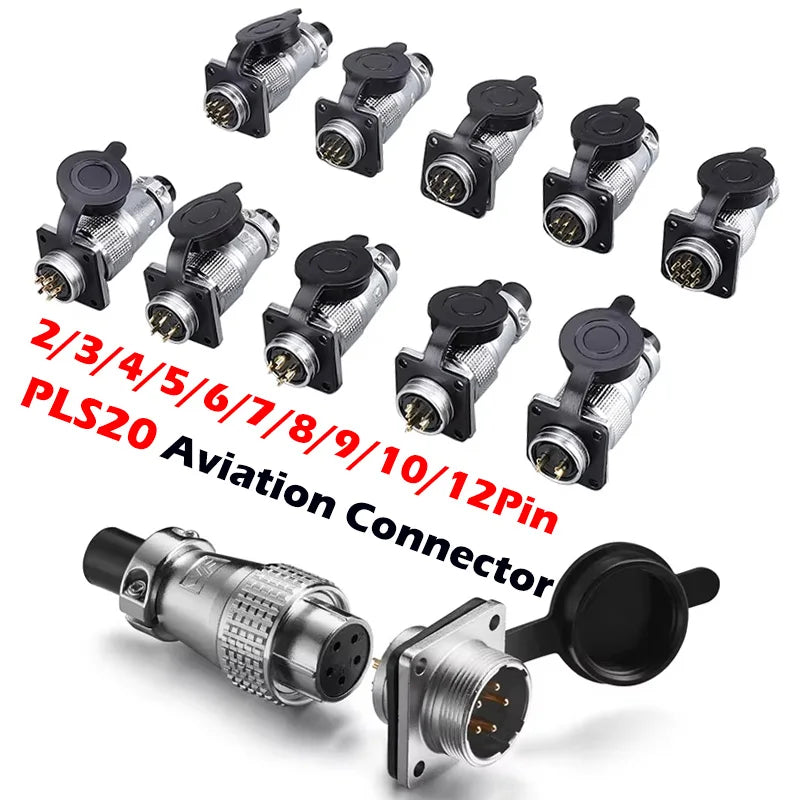 PLS20 WS20 TP20 aviation connector showing 2-12 pin circular plug socket with metal shell, waterproof IP67
