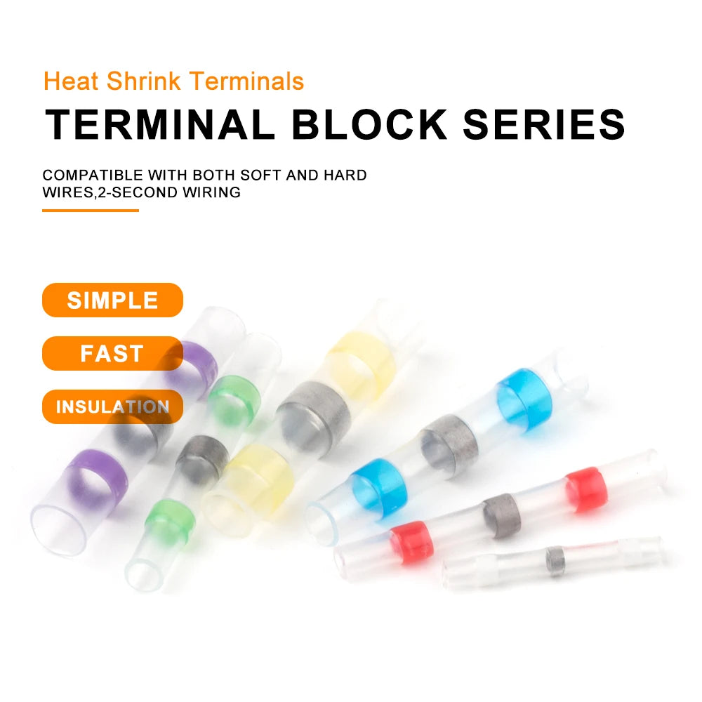 Heat shrink wire connectors for AWG 22 to 18 with tinned solder sealed terminals