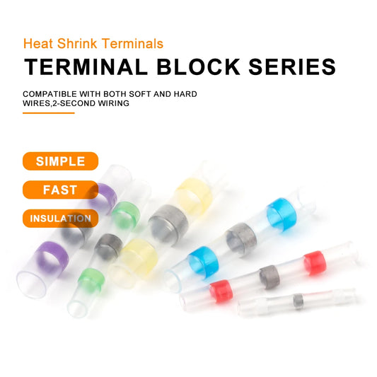 Heat shrink wire connectors for AWG 22 to 18 with tinned solder sealed terminals